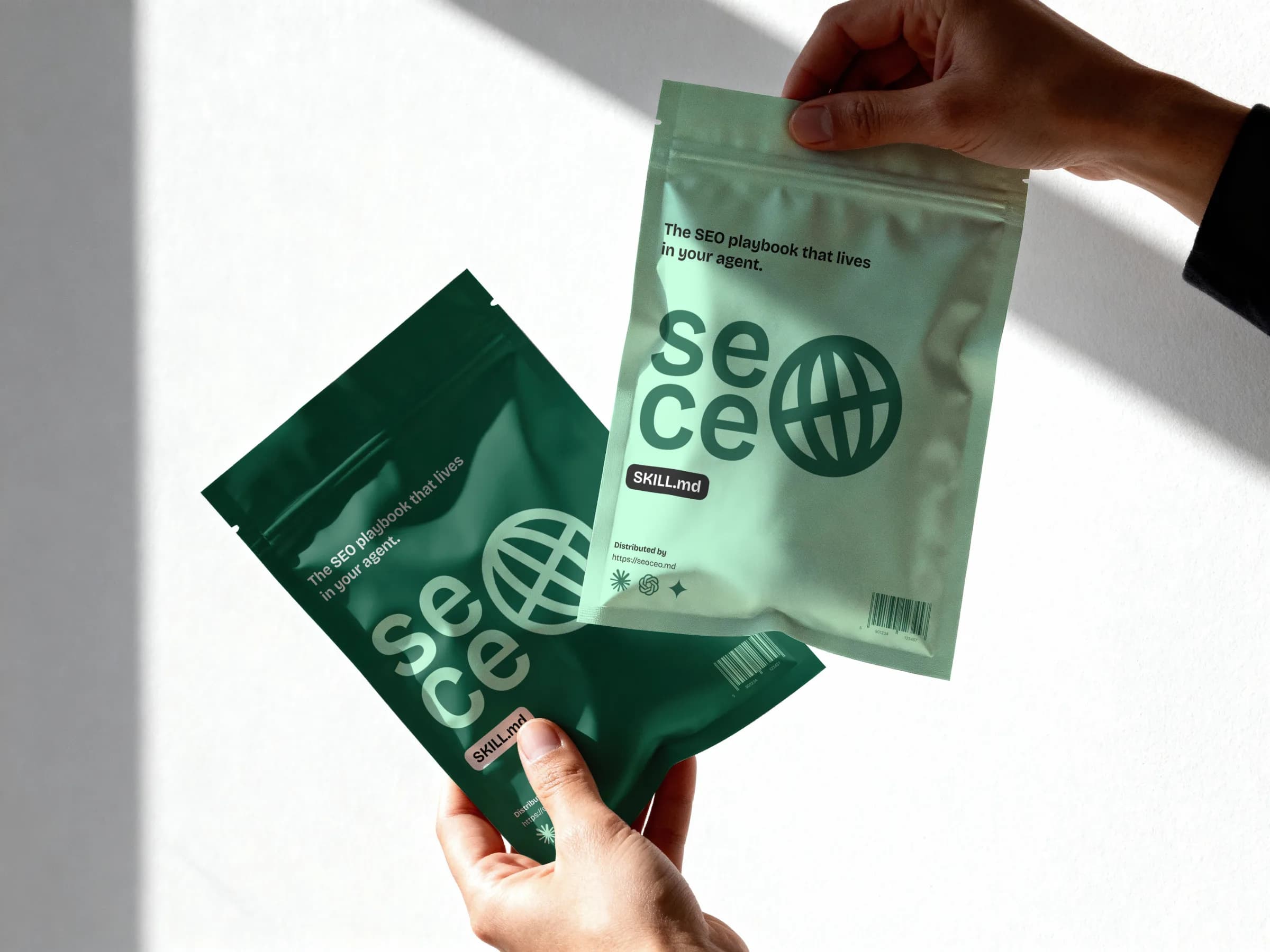 Two pouches printed with the SEOCEO wordmark and globe icon, labeled SKILL.md — the SEOCEO skill file, packaged.